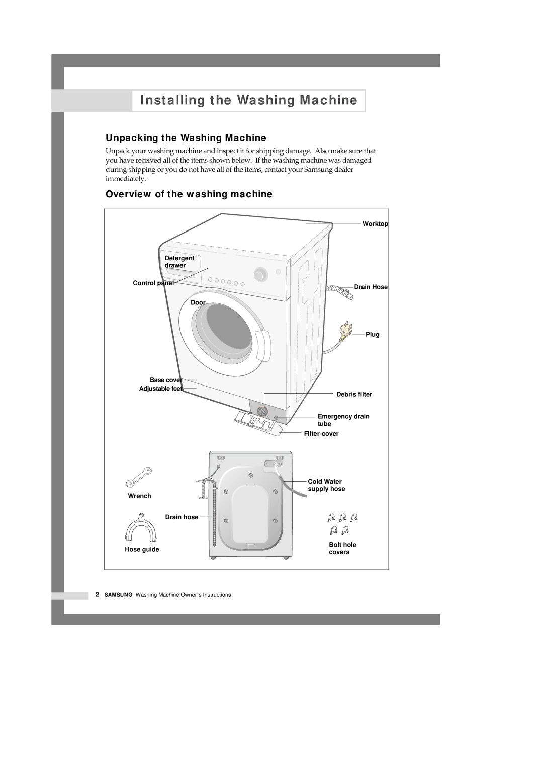 Samsung WF-S854S/YLW manual Installing the Washing Machine, Unpacking the Washing Machine, Overview of the washing machine 