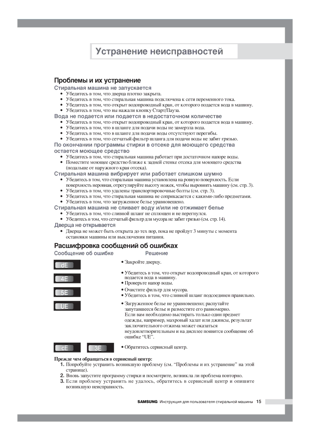 Samsung WF-F1054S/YLW, WF-F1054S/YLR Ìòú‡Ìâìëâ Ìâëòô‡‚Ìóòúâè, Ó·ÎÂÏ˚ Ë Ëı ÛÒÚ‡ÌÂÌËÂ, ‡Ò¯ËÙÓ‚Í‡ ÒÓÓ·˘ÂÌËÈ Ó· Ó¯Ë·Í‡ı 