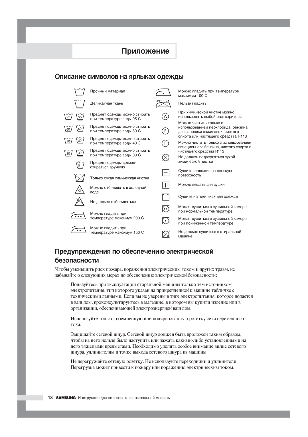 Samsung WF-R1054/YLW manual ÉÔËÒ‡ÌËÂ ÒËÏ‚ÓÎÓ‚ Ì‡ ﬂÎ˚Í‡ı Ó‰ÂÊ‰˚, Â‰ÛÔÂÊ‰ÂÌËﬂ ÔÓ Ó·ÂÒÔÂ˜ÂÌË˛ ˝ÎÂÍÚË˜ÂÒÍÓÈ ·ÂÁÓÔ‡ÒÌÓÒÚË 