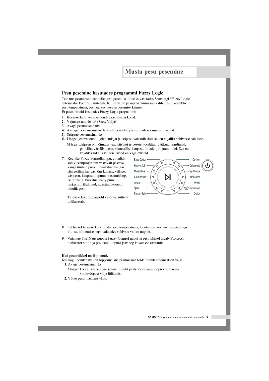 Samsung WF-S854/YLW, WF-F1054S/YLR, WF-J1054/YLR Pesu pesemine kasutades programmi Fuzzy Logic, Kui pesutsükkel on lõppenud 