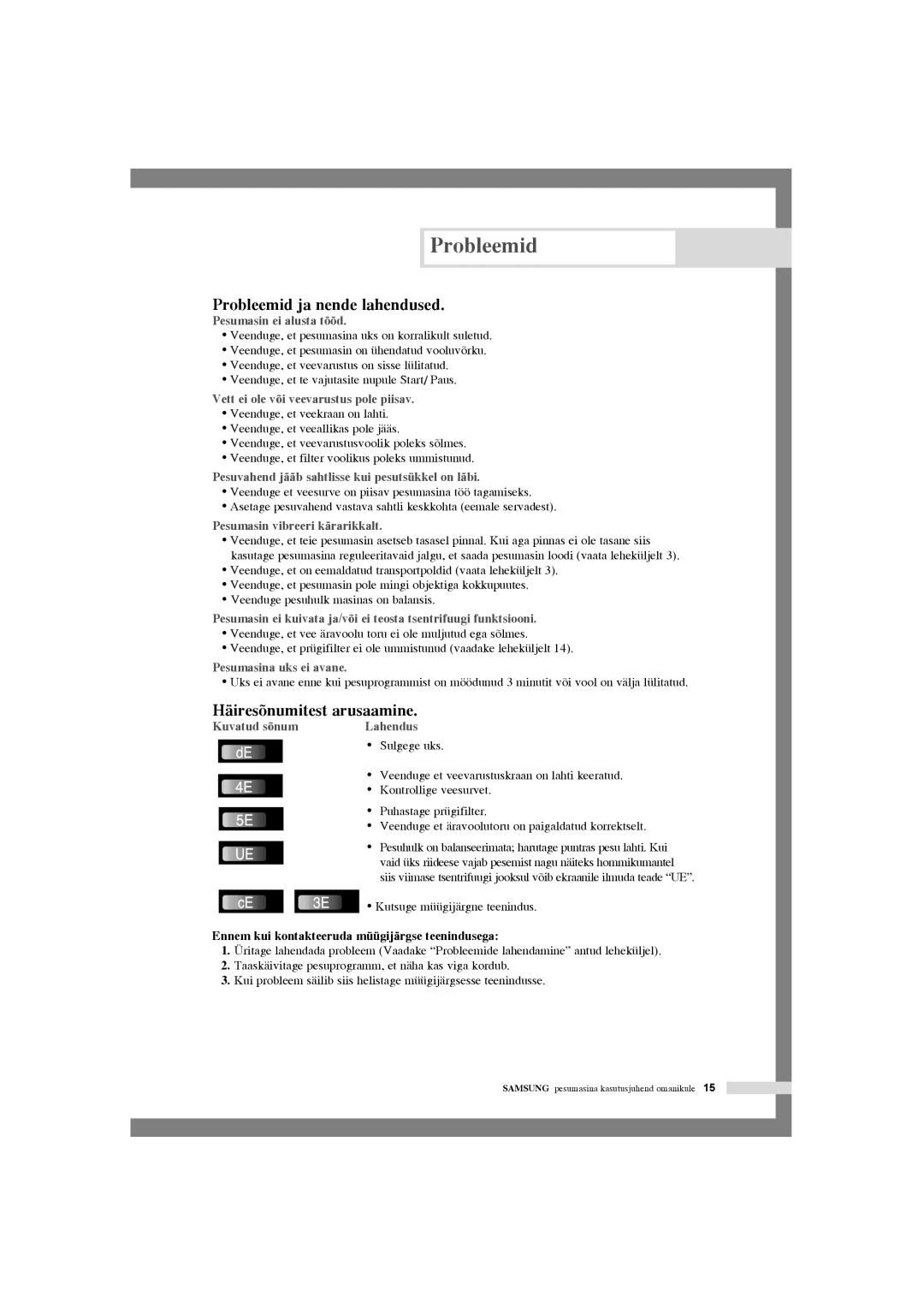 Samsung WF-F1054S/YLR, WF-J1054/YLR, WF-F1254/YLR manual Probleemid ja nende lahendused, Häiresõnumitest arusaamine 