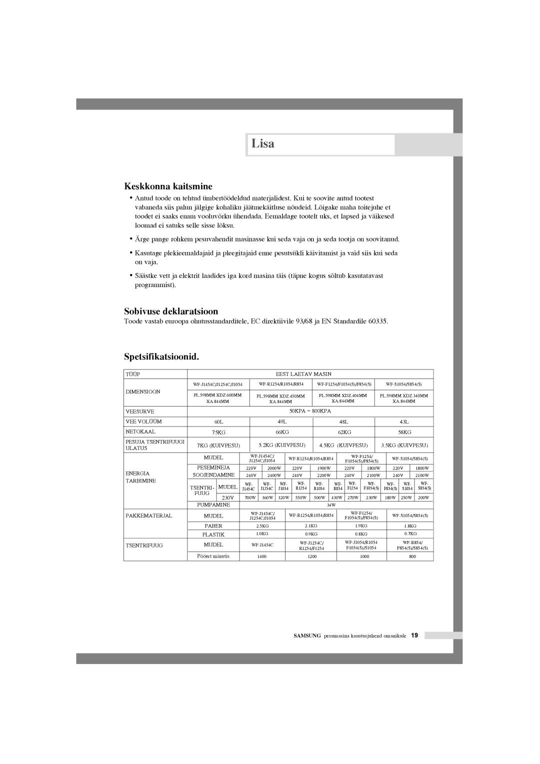 Samsung WF-S854S/YLW, WF-F1054S/YLR, WF-J1054/YLR manual Keskkonna kaitsmine, Sobivuse deklaratsioon, Spetsifikatsioonid 