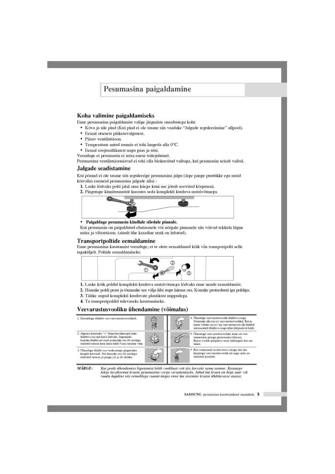 Samsung WF-R125NC/YLR, WF-F1054S/YLR manual Pesumasina paigaldamine, Koha valimine paigaldamiseks, Jalgade seadistamine 