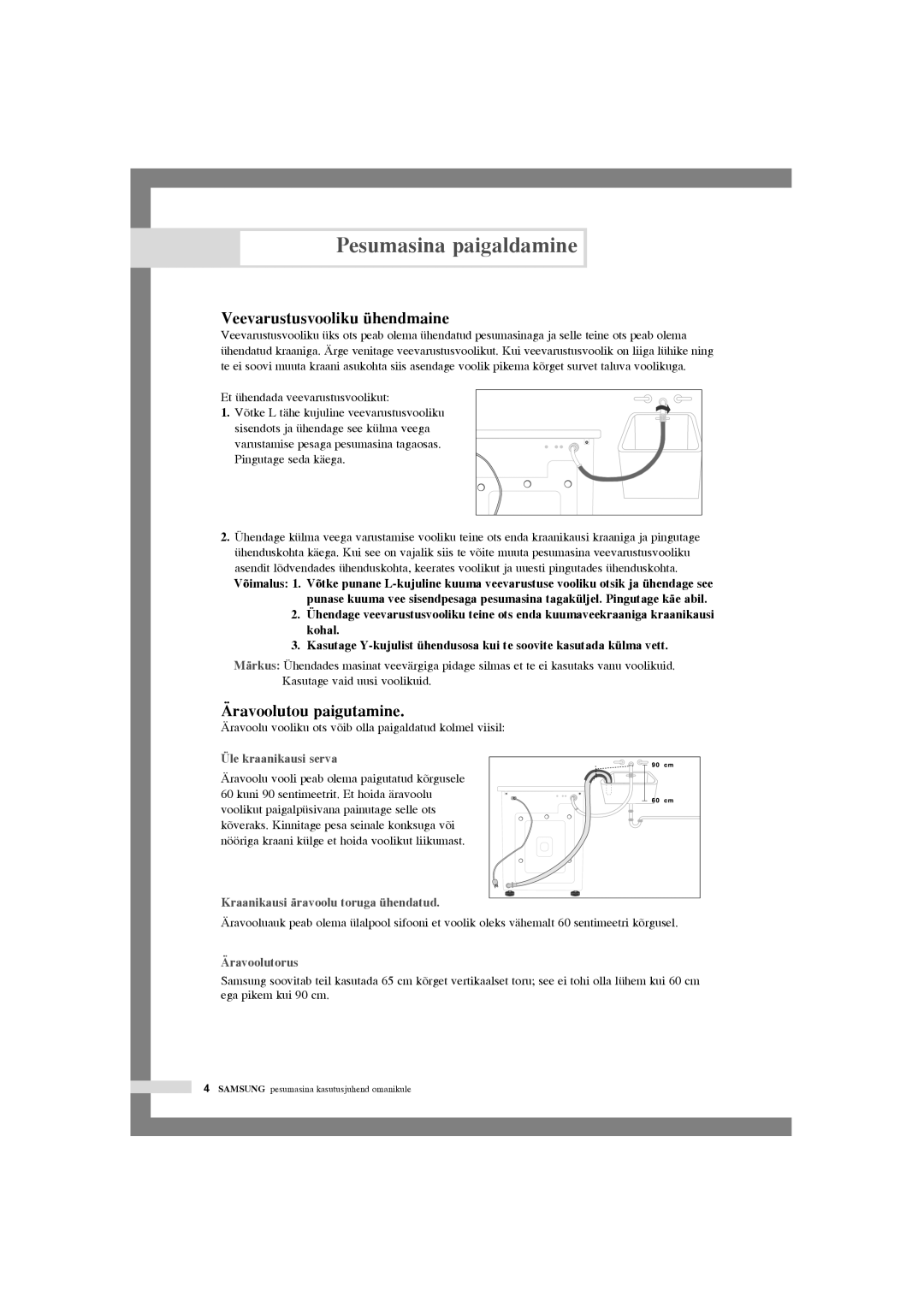 Samsung WF-F1054/YLW, WF-F1054S/YLR, WF-J1054/YLR, WF-F1254/YLR manual Veevarustusvooliku ühendmaine, Äravoolutou paigutamine 