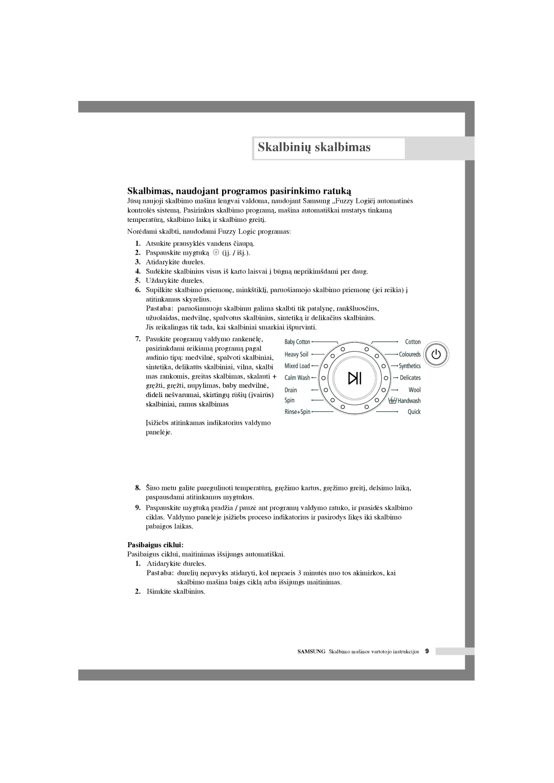 Samsung WF-S854/YLW, WF-F1054S/YLR Skalbimas, naudojant programos pasirinkimo ratukà, Pasukite program˜ valdymo rankenòl´ 