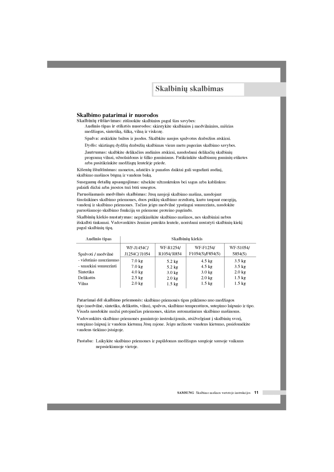 Samsung WF-R105NV/YLR manual Skalbimo patarimai ir nuorodos, WF-J1454C WF-R1254 WF-F1254 WF-S1054 Spalvoti / medvilnò 