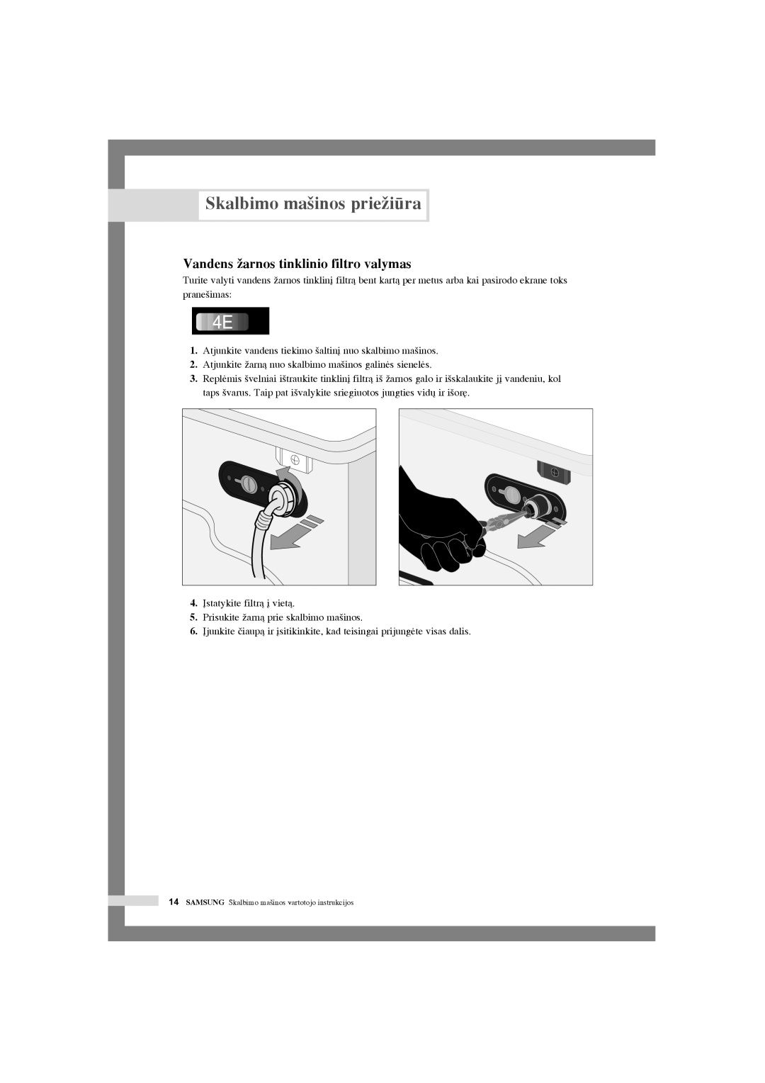 Samsung WF-F1054/YLR, WF-F1054S/YLR, WF-J1054/YLR, WF-F1254/YLR, WF-S1054/YLW manual Vandens Ïarnos tinklinio filtro valymas 