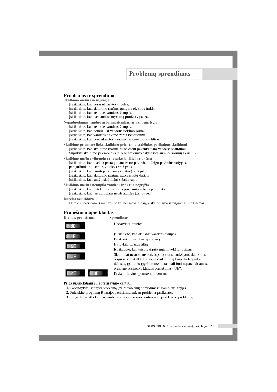 Samsung WF-F1054S/YLR, WF-J1054/YLR, WF-F1254/YLR Problem˜ sprendimas, Problemos ir sprendimai, Prane‰imai apie klaidas 