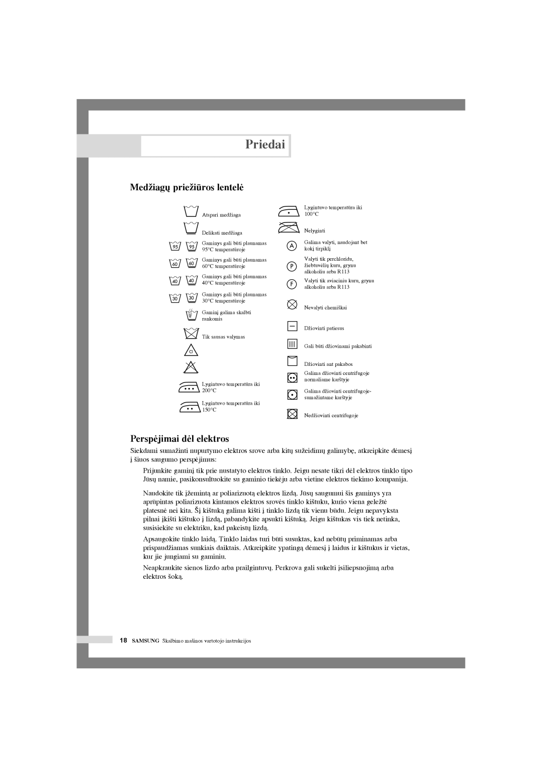 Samsung WF-S1054/YLW, WF-F1054S/YLR, WF-J1054/YLR manual Priedai, MedÏiag˜ prieÏiros lentelò, Perspòjimai dòl elektros 