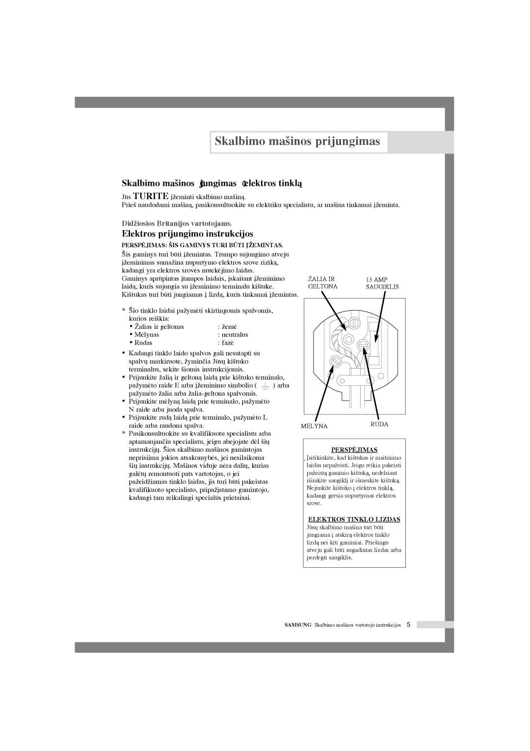 Samsung WF-R1254/YLR manual Skalbimo ma‰inos ∞jungimas ∞ elektros tinklà, Elektros prijungimo instrukcijos, Rudas Fazò 