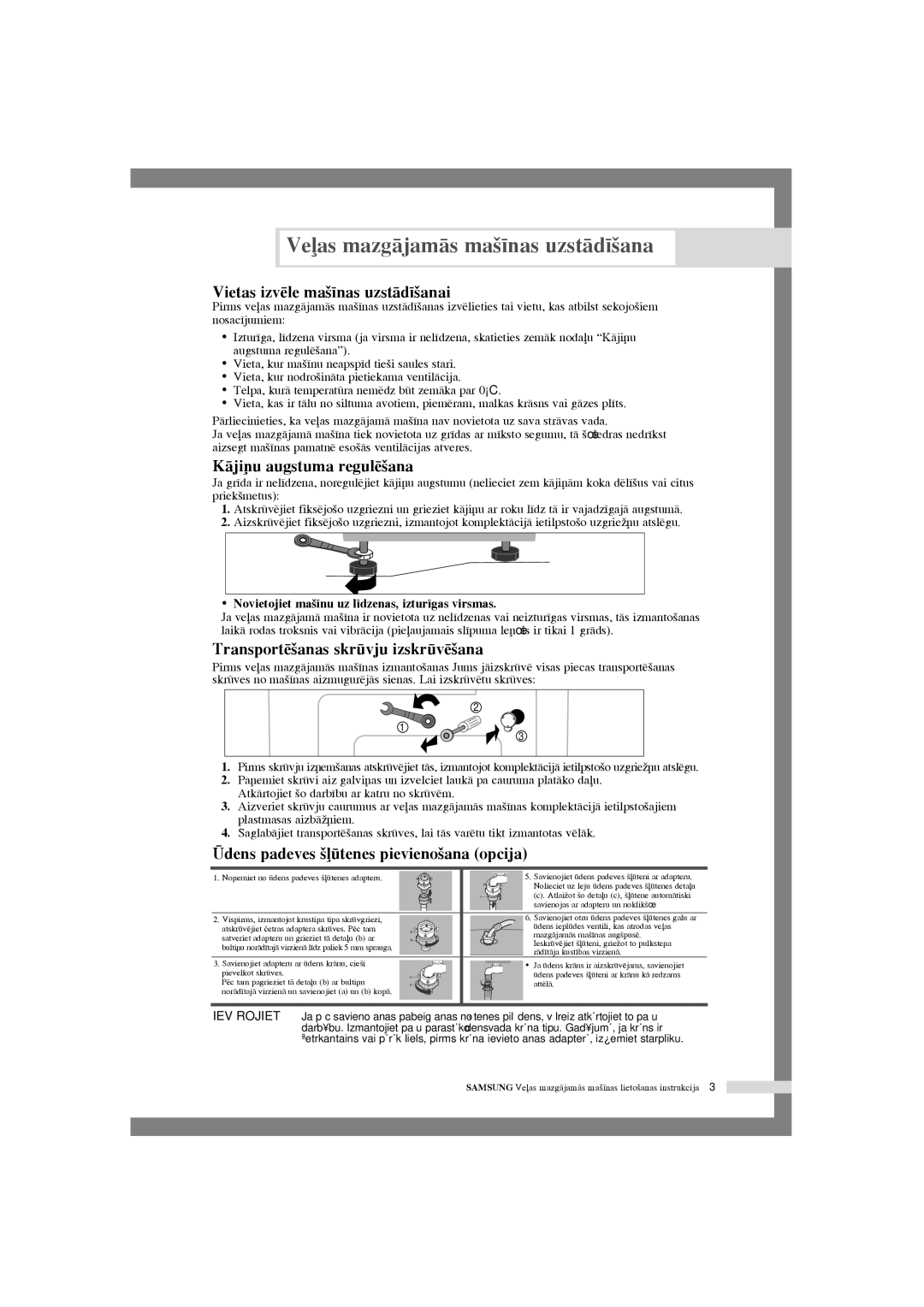 Samsung WF-R125NC/YLR Vietas izvïle ma‰¥nas uzstÇd¥‰anai, KÇji¿u augstuma regulï‰ana, Transportï‰anas skrvju izskrvï‰ana 