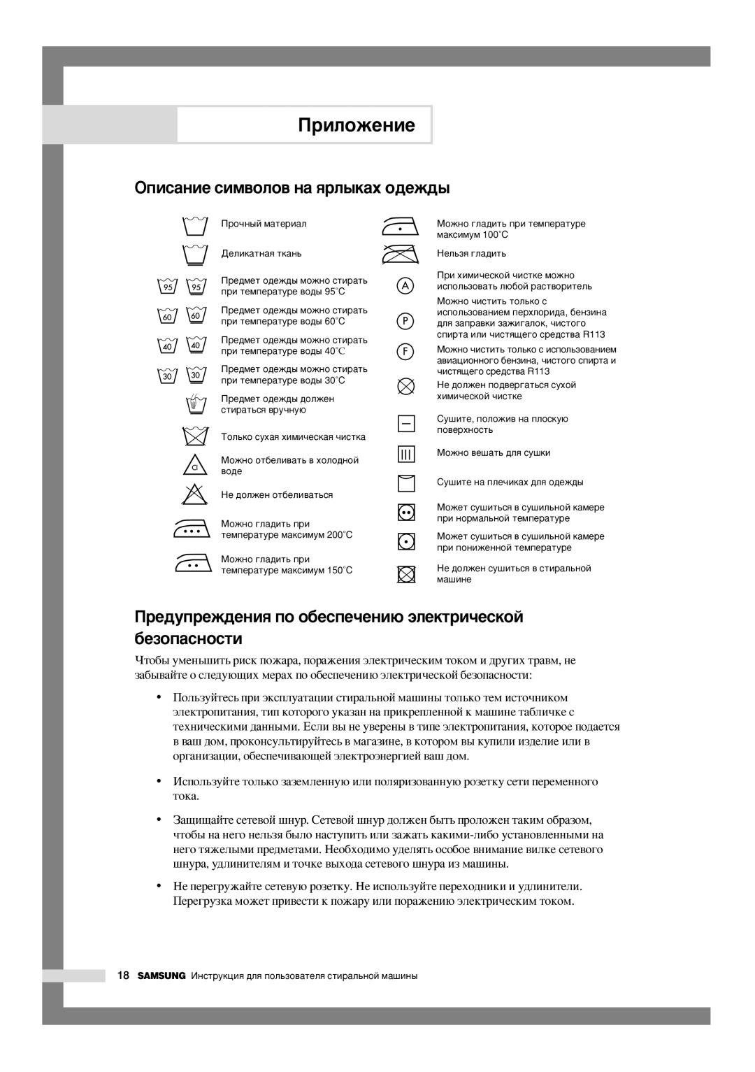 Samsung WF-J1254C/YLP manual ÉÔËÒ‡ÌËÂ ÒËÏ‚ÓÎÓ‚ Ì‡ ﬂÎ˚Í‡ı Ó‰ÂÊ‰˚, Â‰ÛÔÂÊ‰ÂÌËﬂ ÔÓ Ó·ÂÒÔÂ˜ÂÌË˛ ˝ÎÂÍÚË˜ÂÒÍÓÈ ·ÂÁÓÔ‡ÒÌÓÒÚË 