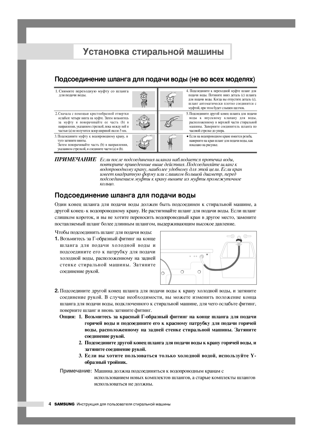 Samsung WF-F125NC/YLP, WF-F105NV/YLW manual ÈÓ‰ÒÓÂ‰ËÌÂÌËÂ ¯Î‡Ì„‡ ‰Îﬂ ÔÓ‰‡˜Ë ‚Ó‰˚ ÌÂ ‚Ó ‚ÒÂı ÏÓ‰ÂÎﬂı, Òóâ‰Ëìâìëâ Ûíóè 