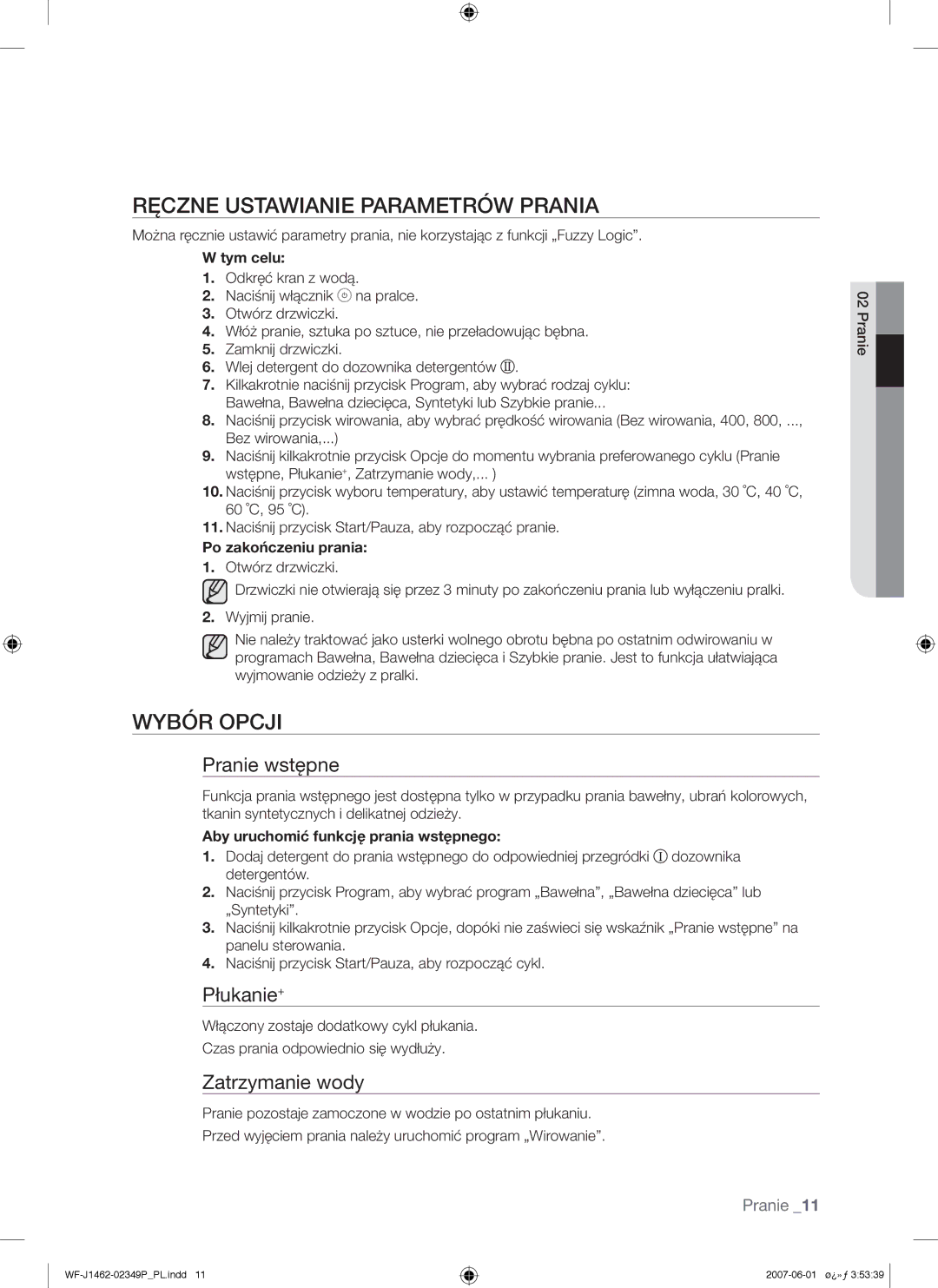 Samsung WF-F1062GW/XEO, WF-F1062GW/XEH manual Ręczne Ustawianie Parametrów Prania, Wybór Opcji, Po zakończeniu prania 