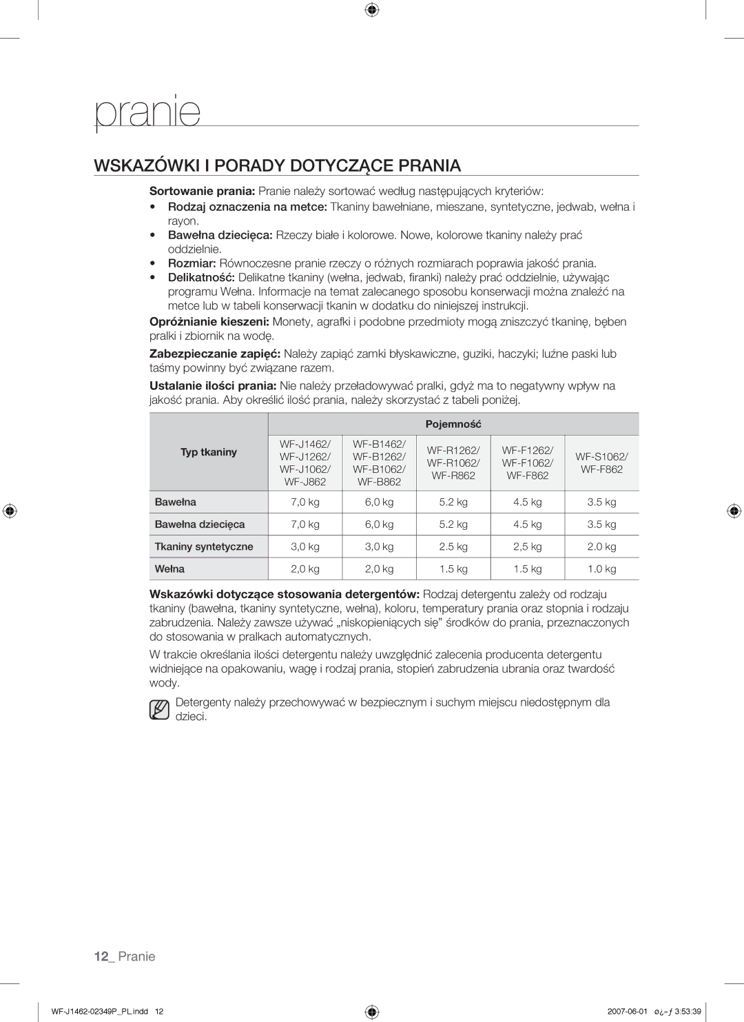 Samsung WF-F1062GW/XEH, WF-B1262GW/XEO, WF-F1062GW/XEO manual Wskazówki I Porady Dotyczące Prania, Pojemność Typ tkaniny 