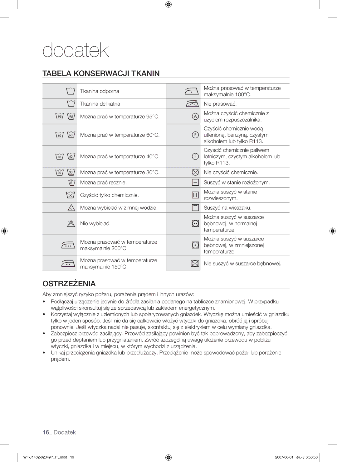 Samsung WF-B1262GW/XEO, WF-F1062GW/XEH, WF-F1062GW/XEO manual Dodatek, Tabela Konserwacji Tkanin, Ostrzeżenia 