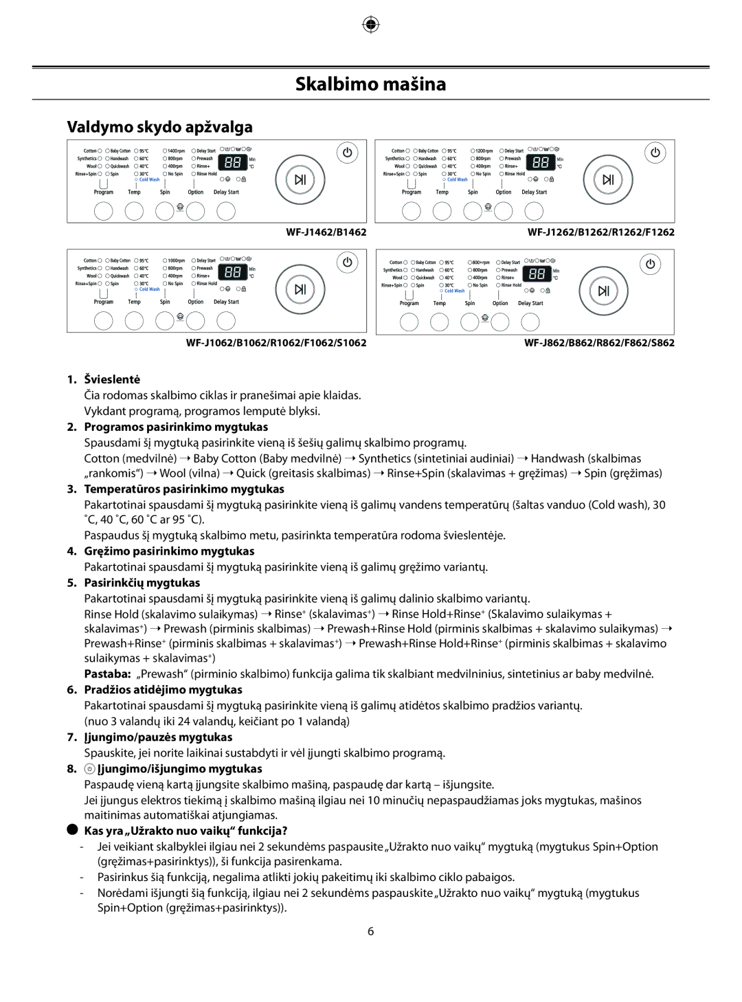 Samsung WF-F862/YLW, WF-F1062/YLR, WF-B1062/YLW, WF-S862/YLW, WF-S1062/YLW manual Skalbimo mašina, Valdymo skydo apžvalga 