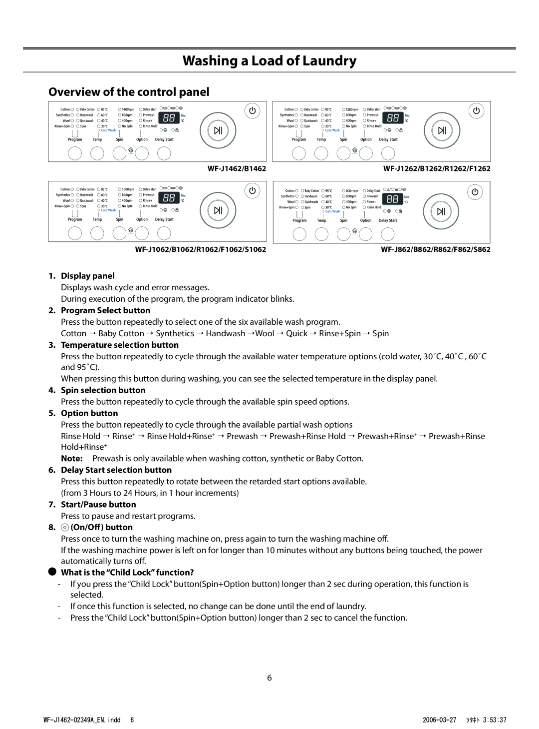 Samsung WF-S1062/YLP, WF-F1062/YLR, WF-B1062/YLW, WF-S862/YLW manual Washing a Load of Laundry, Overview of the control panel 