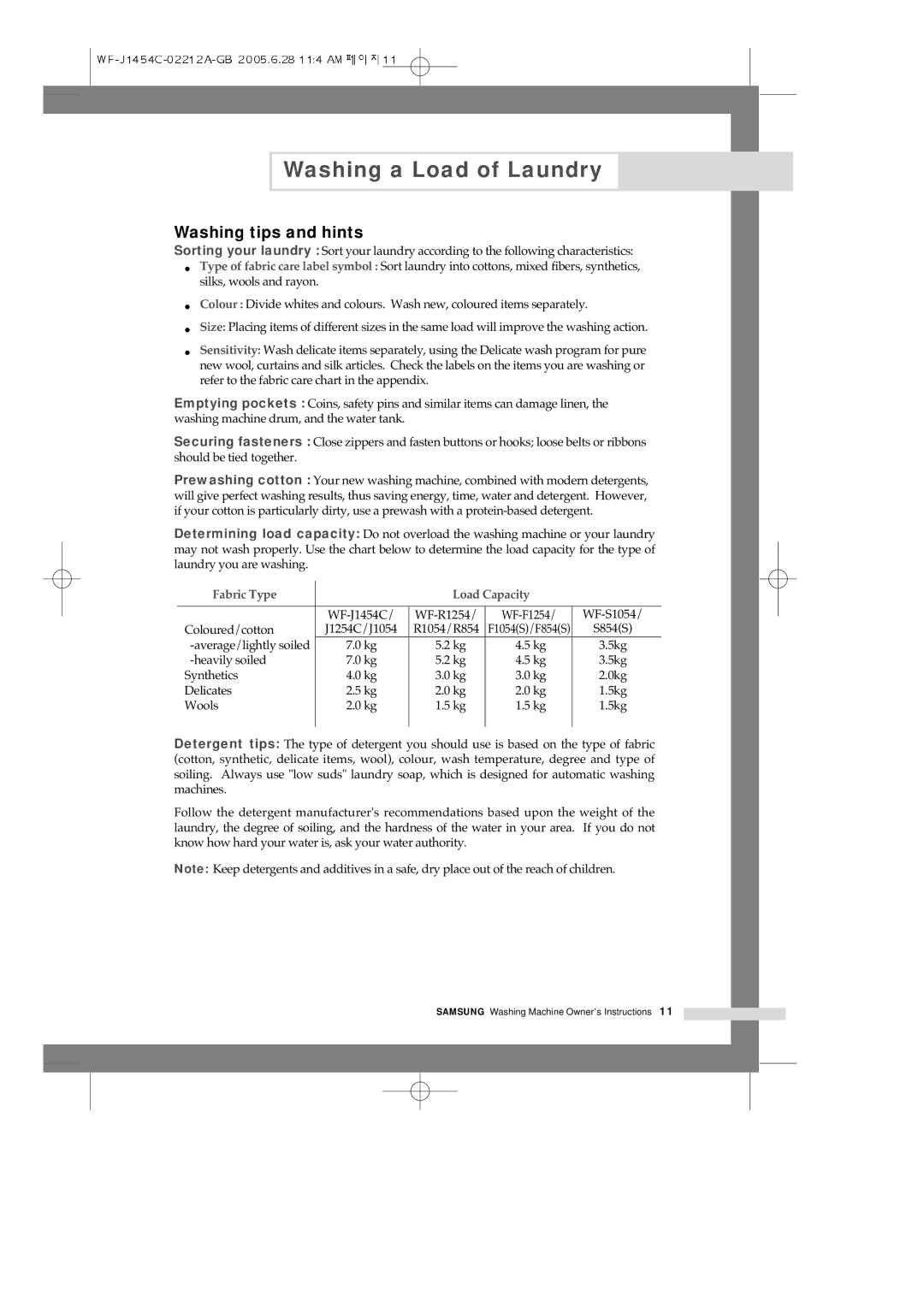 Samsung WF-R1254/YLR, WF-F1254/YLR, WF-R1254/YLW, WF-F1254/YLW manual Washing tips and hints, Fabric Type Load Capacity 