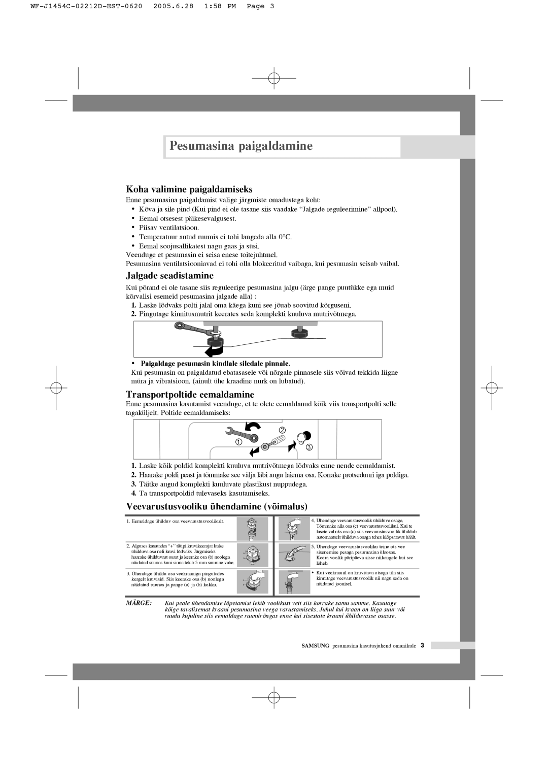 Samsung WF-F1254/YLW, WF-F1254/YLR manual Pesumasina paigaldamine, Koha valimine paigaldamiseks, Jalgade seadistamine 