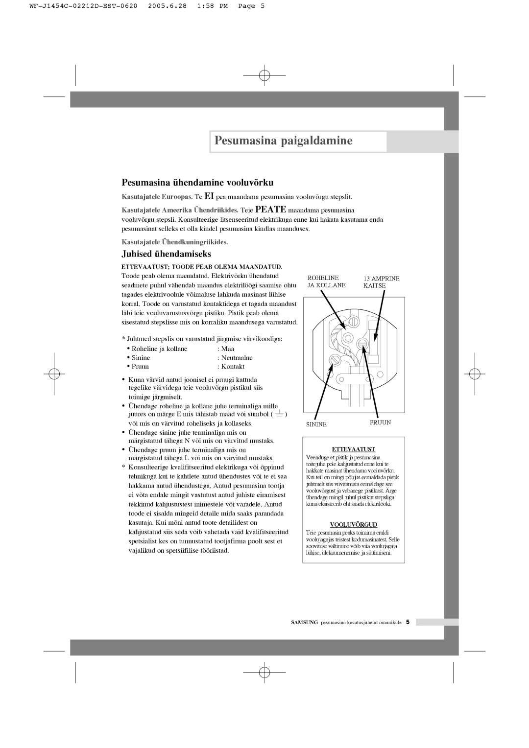 Samsung WF-R1254/YLR, WF-F1254/YLR, WF-R1254/YLW, WF-F1254/YLW manual Pesumasina ühendamine vooluvõrku, Juhised ühendamiseks 