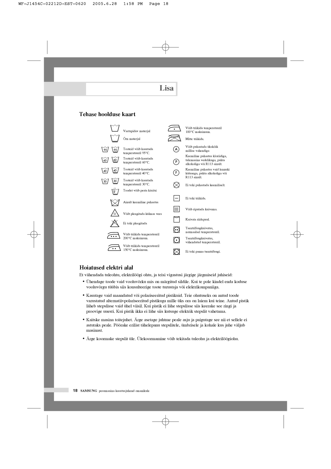 Samsung WF-R1254/YLW, WF-F1254/YLR, WF-R1254/YLR, WF-F1254/YLW manual Lisa, Tehase hoolduse kaart, Hoiatused elektri alal 