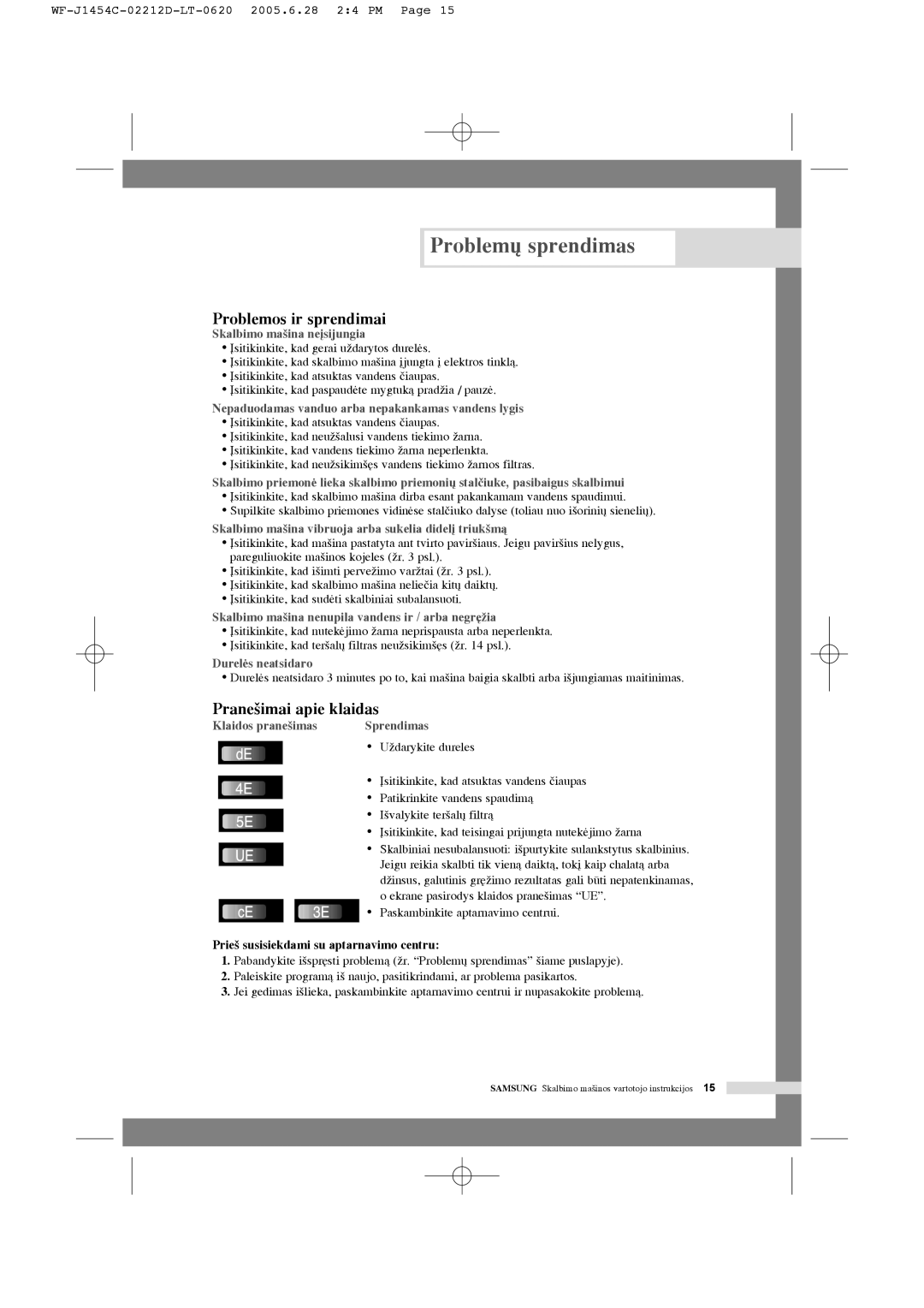 Samsung WF-R1254/YLR, WF-F1254/YLR, WF-R1254/YLW manual Problem˜ sprendimas, Problemos ir sprendimai, Prane‰imai apie klaidas 