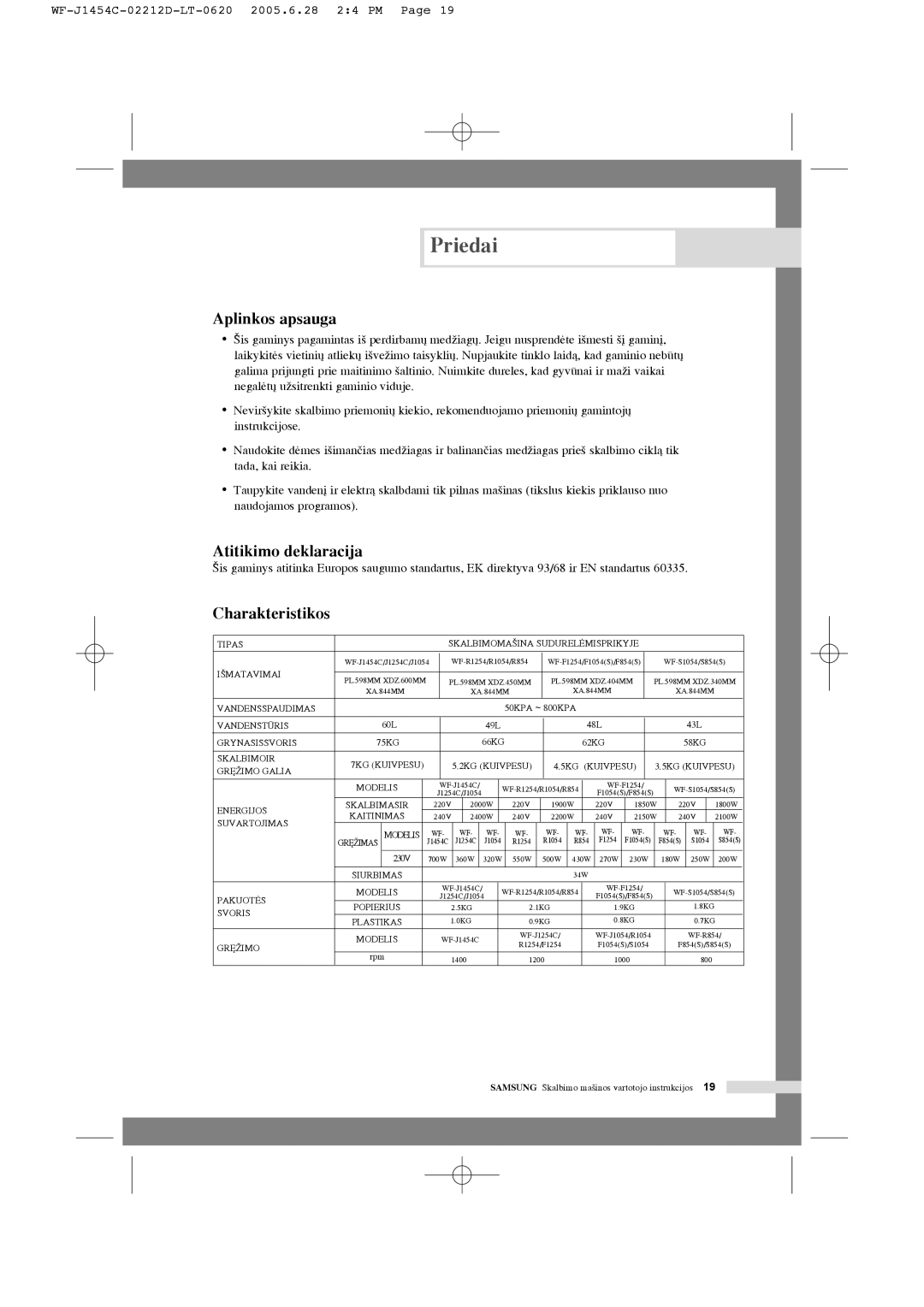 Samsung WF-R1254/YLR, WF-F1254/YLR, WF-R1254/YLW, WF-F1254/YLW Aplinkos apsauga, Atitikimo deklaracija, Charakteristikos 