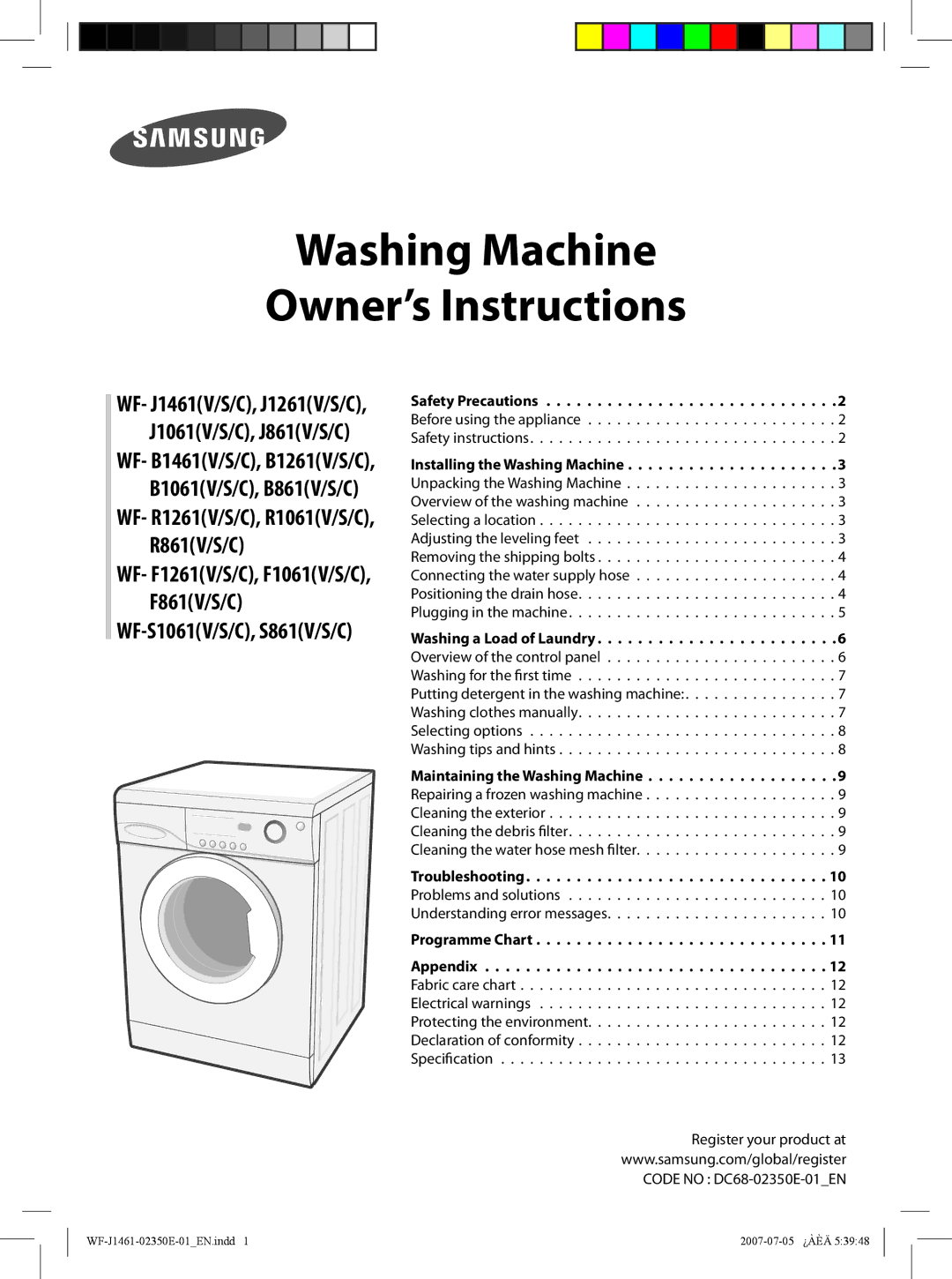 Samsung WF-B861, WF-F1261, WF-F1061, WF-B1461, WF-B1261, WF-B1061, WF-F861 appendix Washing Machine Owner’s Instructions 