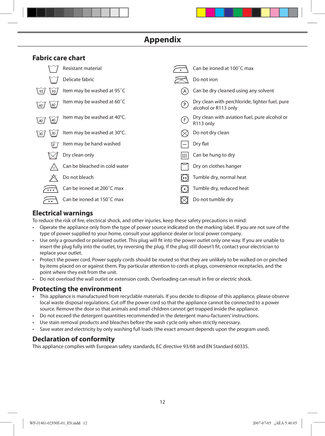 Samsung WF-B1061 Appendix, Fabric care chart, Electrical warnings, Protecting the environment, Declaration of conformity 