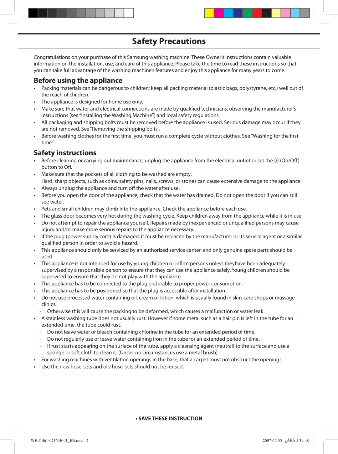 Samsung WF-F1061, WF-F1261, WF-B861, WF-B1461, WF-B1261 Safety Precautions, Before using the appliance, Safety instructions 