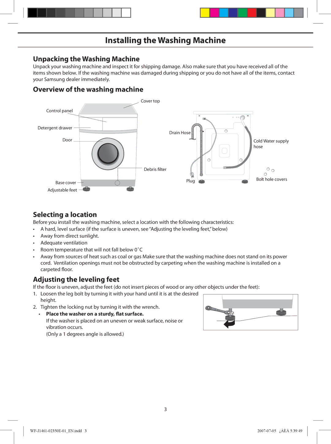 Samsung WF-B1461, WF-F1261 Installing the Washing Machine, Unpacking the Washing Machine, Overview of the washing machine 