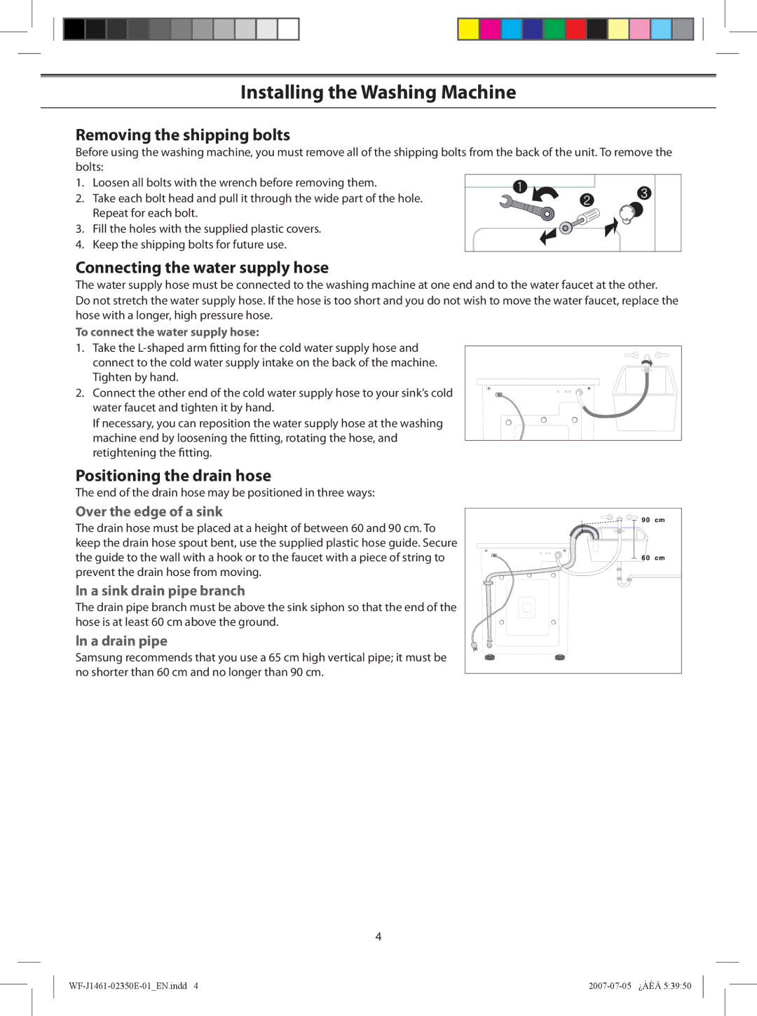 Samsung WF-B1261, WF-F1261 Removing the shipping bolts, Connecting the water supply hose, Positioning the drain hose 