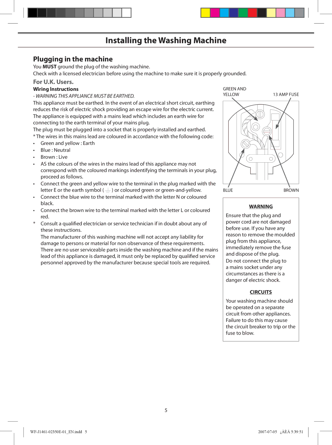 Samsung WF-B1061, WF-F1261, WF-B861, WF-F1061, WF-B1461, WF-B1261 Plugging in the machine, For U.K. Users, Wiring lnstructions 