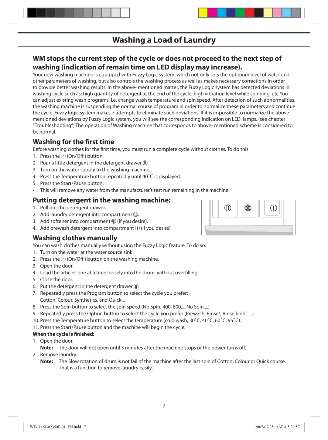 Samsung WF-F1261, WF-B861 Washing for the ﬁrst time, Putting detergent in the washing machine, Washing clothes manually 