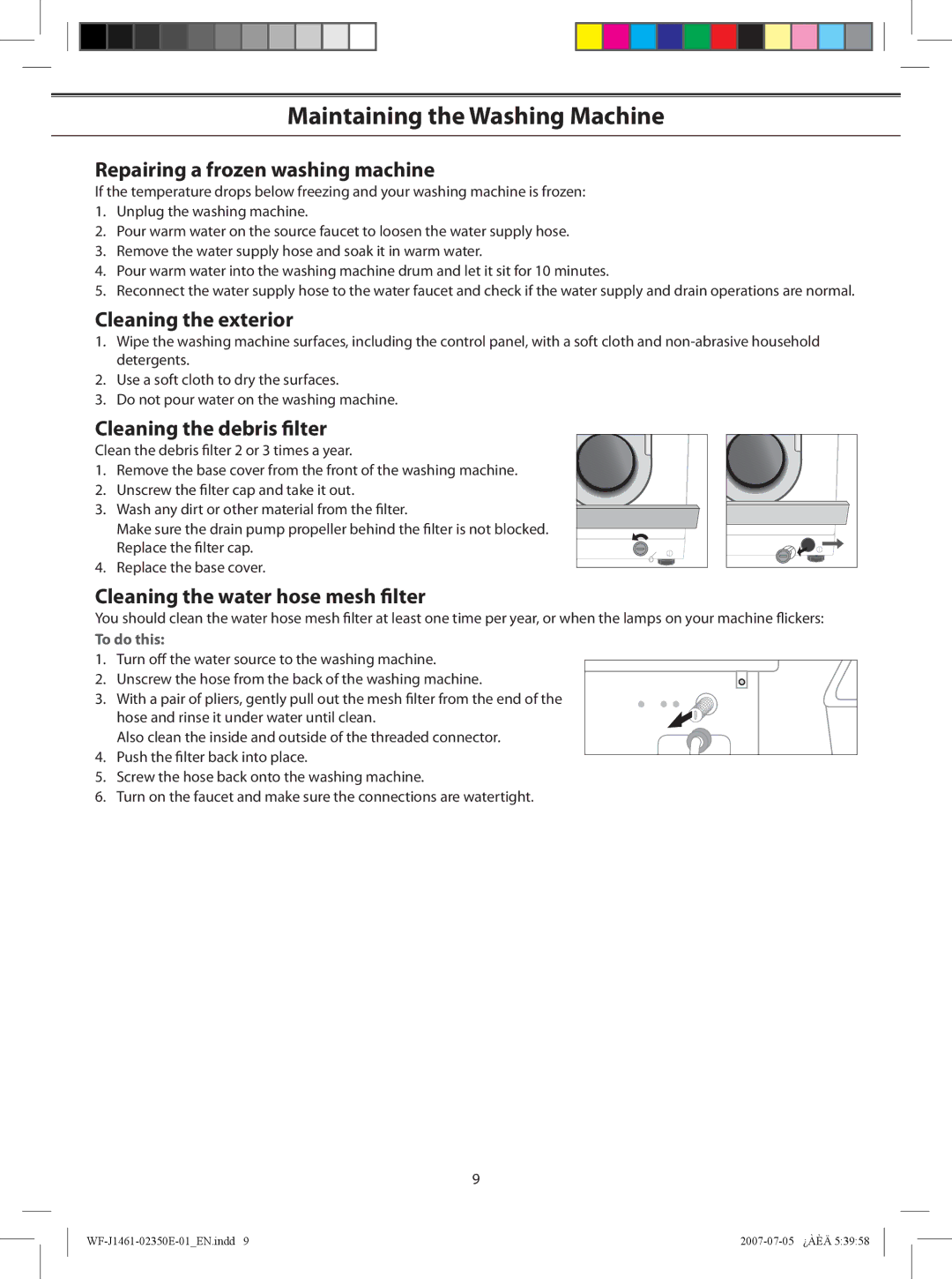 Samsung WF-F1061, WF-F1261 Maintaining the Washing Machine, Repairing a frozen washing machine, Cleaning the exterior 