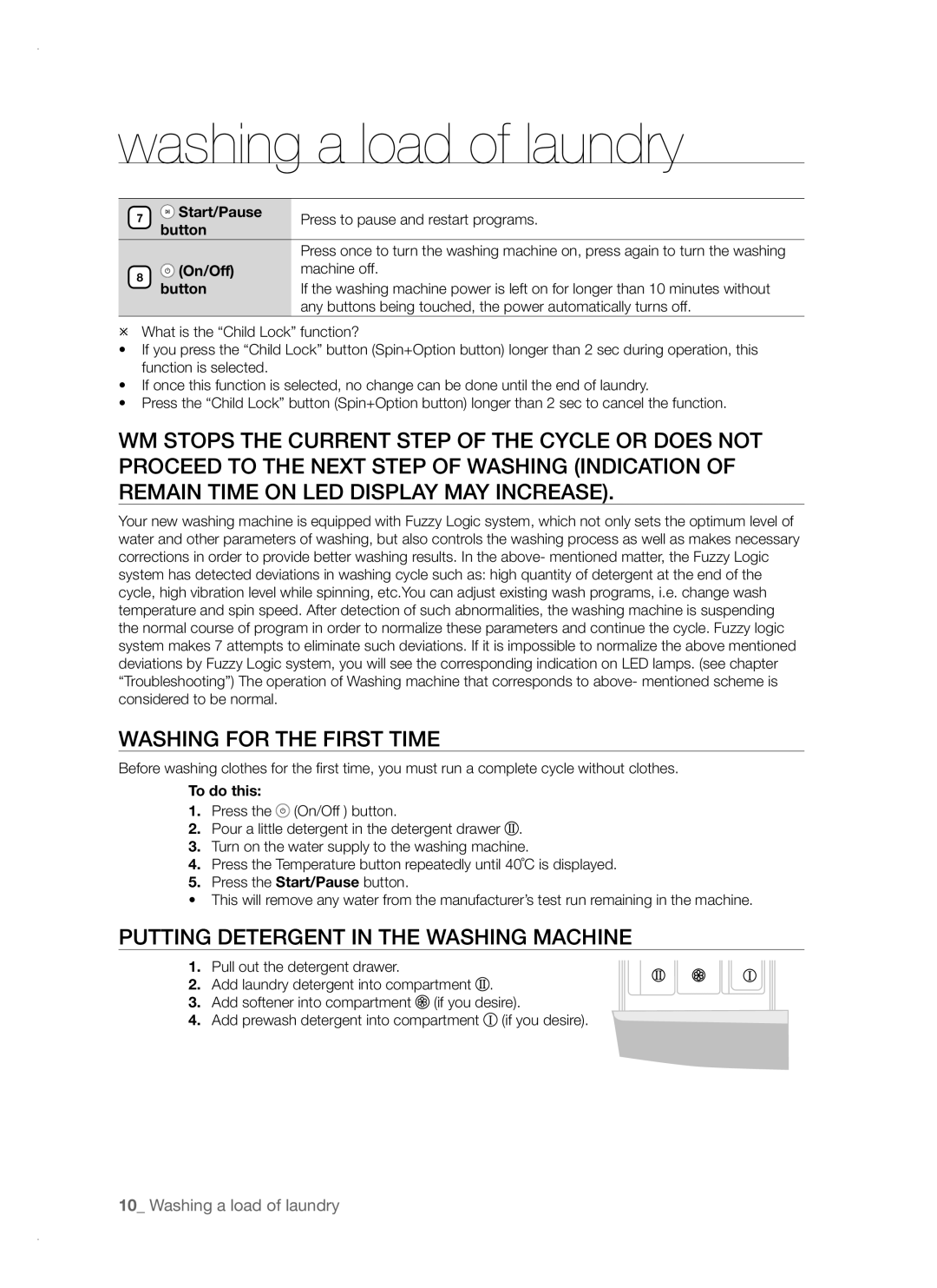 Samsung WF-B1261, WF-F1261 Washing for the First Time, Putting Detergent in the Washing Machine, On/Off Machine off Button 