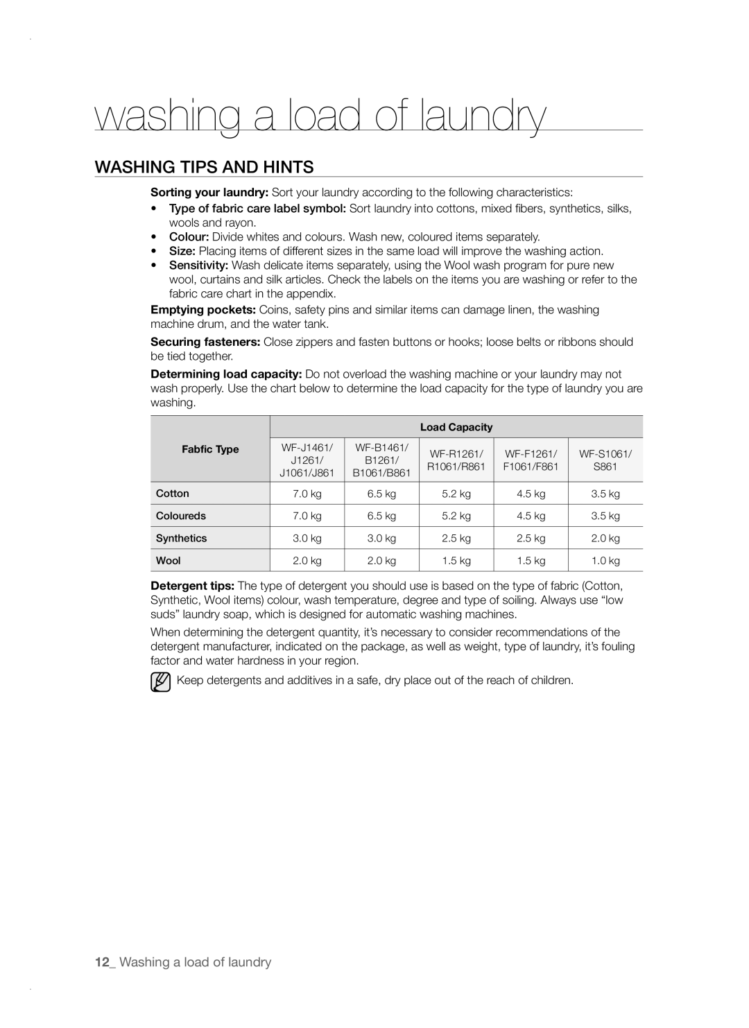 Samsung WF-F1261, WF-B861, WF-F1061, WF-B1461, WF-B1261, WF-B1061 user manual Washing Tips and Hints, Load Capacity Fabfic Type 