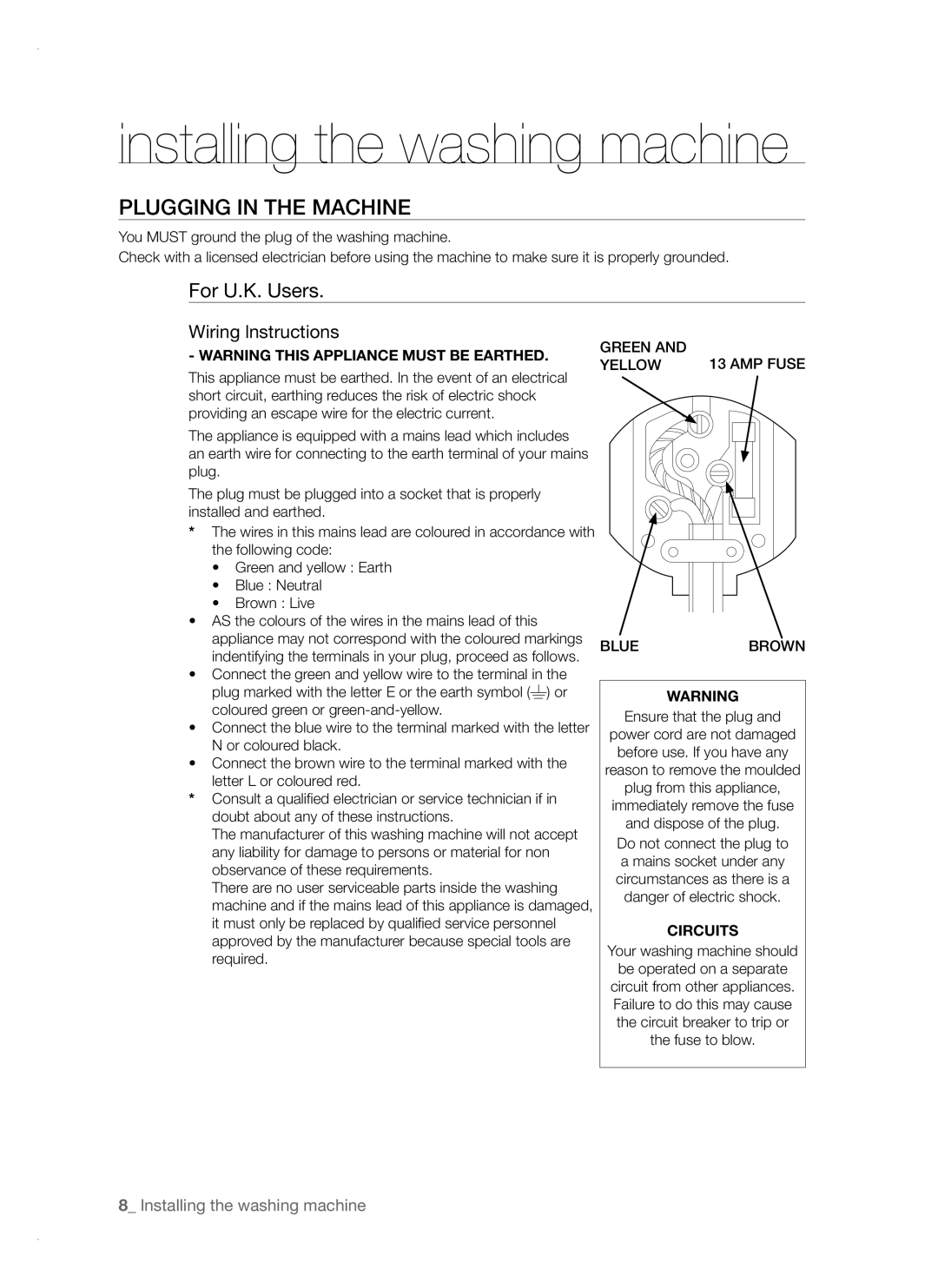 Samsung WF-F1061, WF-F1261, WF-B861, WF-B1461, WF-B1261, WF-B1061 user manual Plugging in the Machine, For U.K. Users 