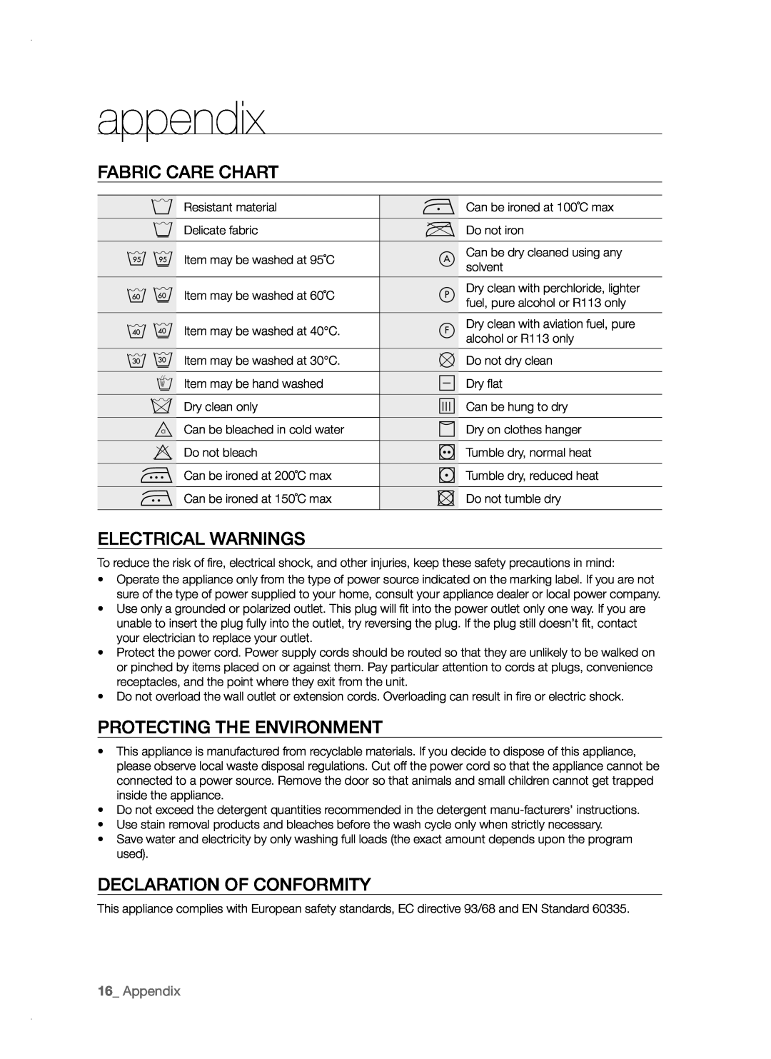 Samsung WF-B1261 appendix, Fabric Care Chart, Electrical Warnings, Protecting The Environment, Declaration Of Conformity 