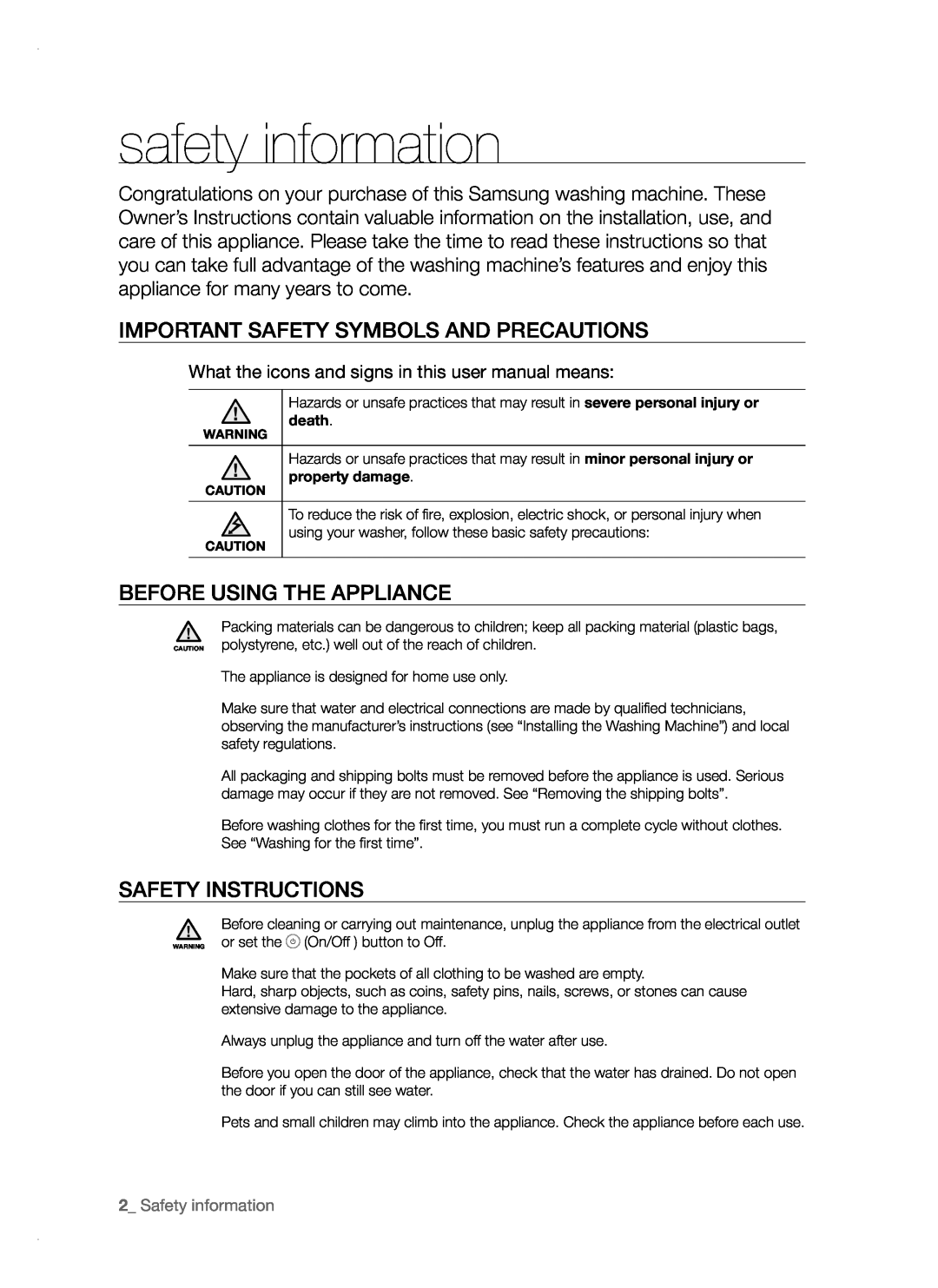 Samsung WF-F1061, WF-F1261 safety information, Important Safety Symbols And Precautions, Before Using The Appliance 
