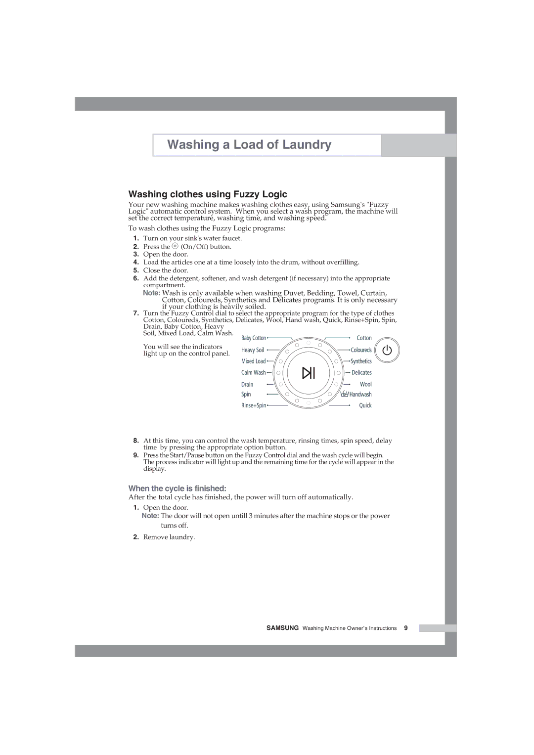 Samsung WF-F85NEW/XSG manual Washing clothes using Fuzzy Logic, When the cycle is finished 