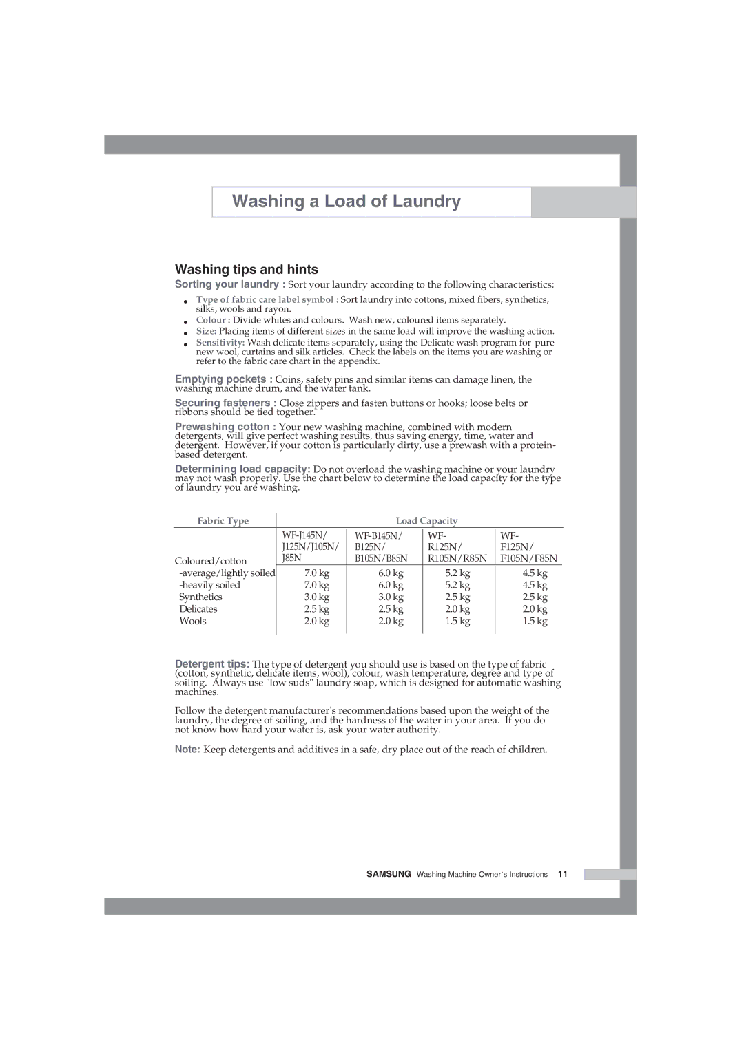 Samsung WF-F85NEW/XSG manual Washing tips and hints, Fabric Type Load Capacity 