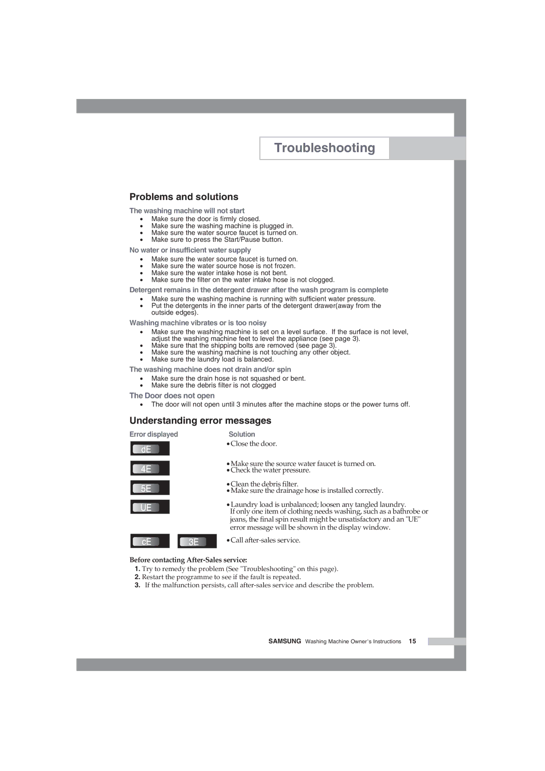 Samsung WF-F85NEW/XSG manual Troubleshooting, Problems and solutions, Understanding error messages 