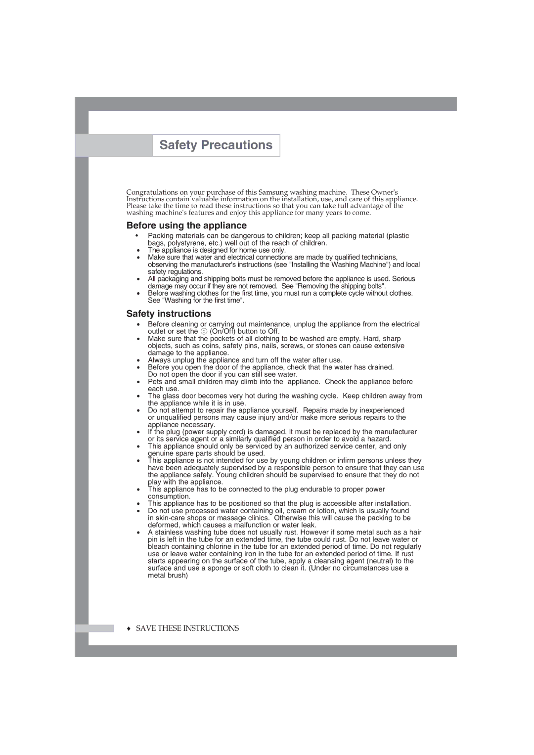 Samsung WF-F85NEW/XSG manual Safety Precautions, Before using the appliance, Safety instructions 