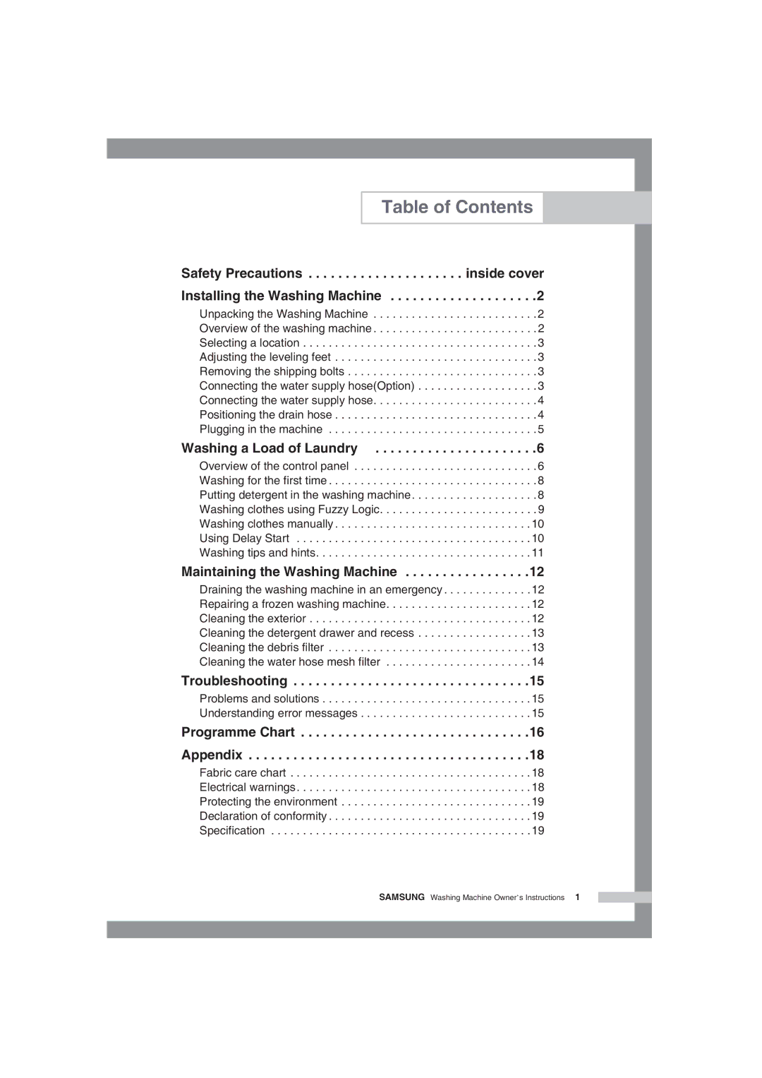 Samsung WF-F85NEW/XSG manual Table of Contents 