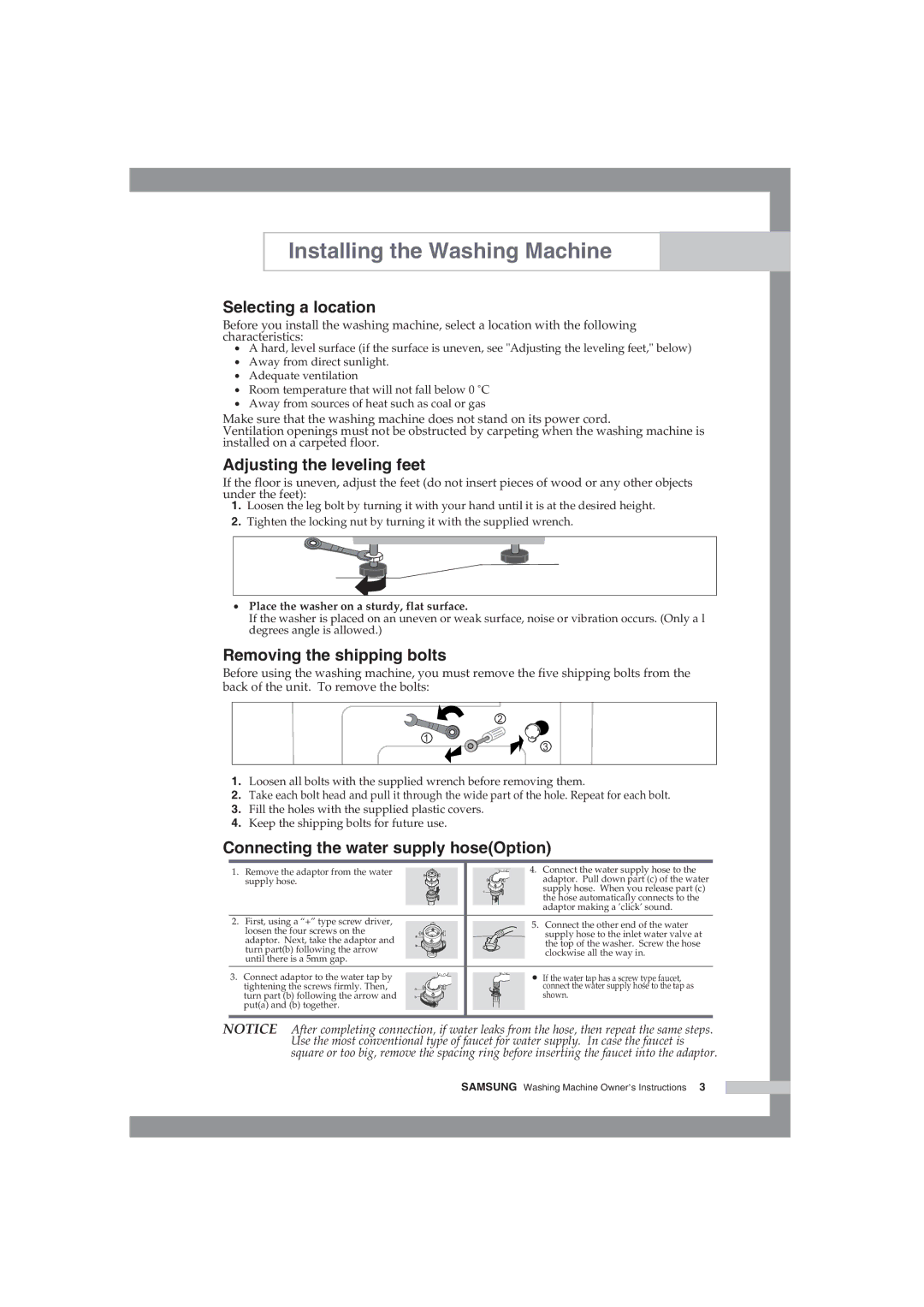 Samsung WF-F85NEW/XSG manual Selecting a location, Adjusting the leveling feet, Removing the shipping bolts 