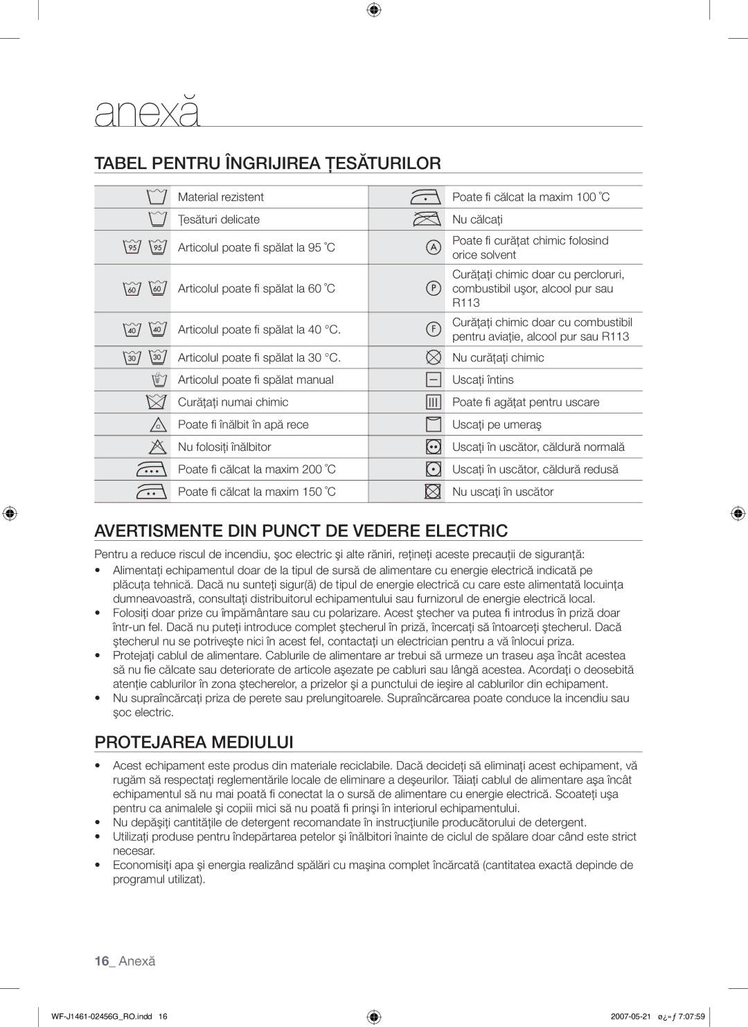 Samsung WF-F861GW/YLE, WF-F861/YLP Anexă, Tabel Pentru Îngrijirea Ţesăturilor, Avertismente DIN Punct DE Vedere Electric 