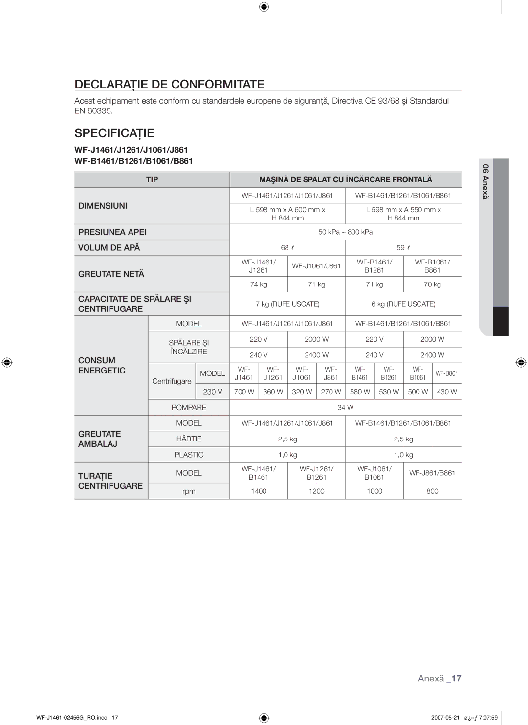 Samsung WF-F861/YLP, WF-F861GW/YLE manual Declaraţie DE Conformitate, Specificaţie, Anexă 