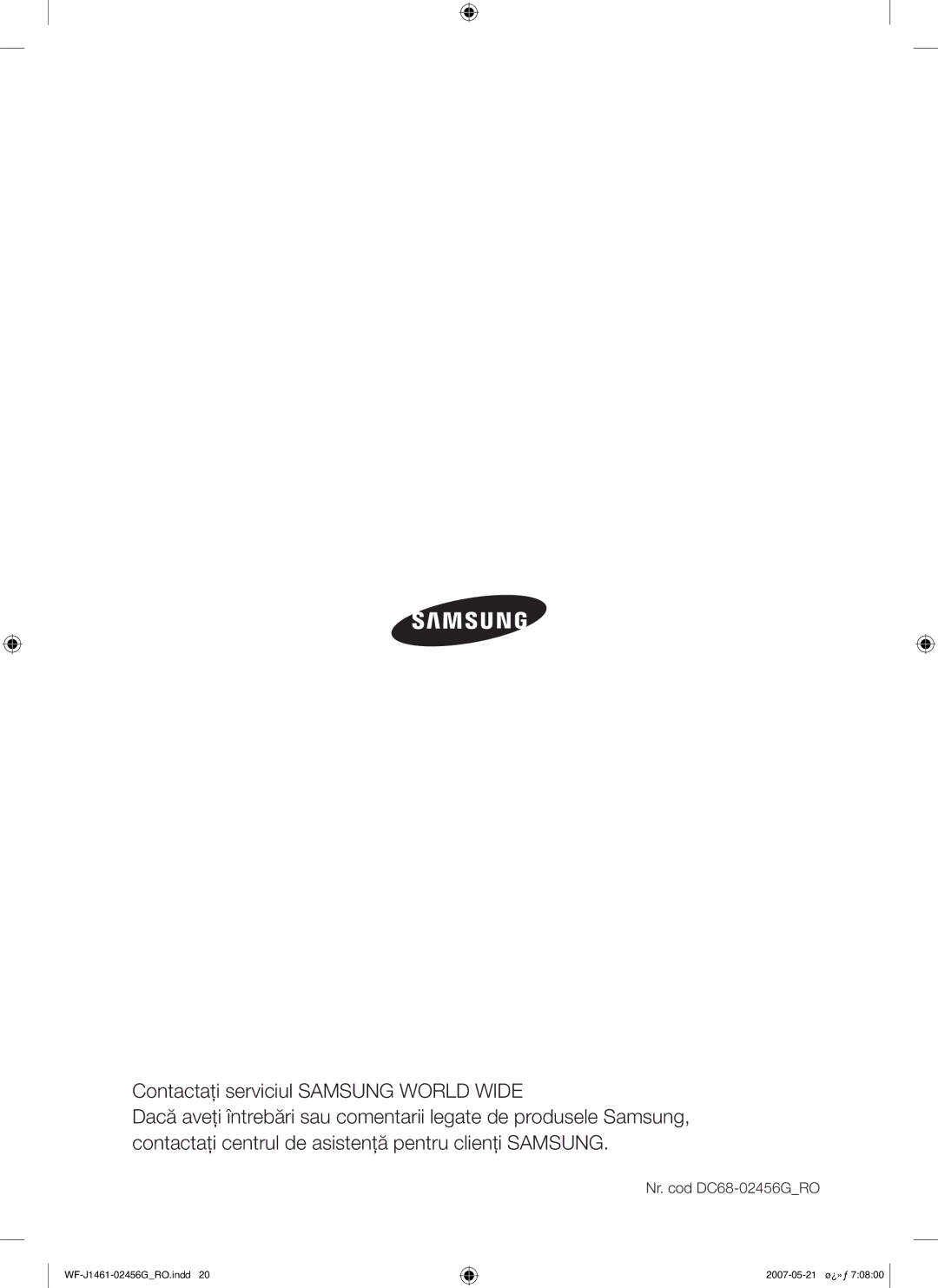 Samsung WF-F861GW/YLE, WF-F861/YLP manual Contactaţi serviciul Samsung World Wide, Nr. cod DC68-02456GRO 